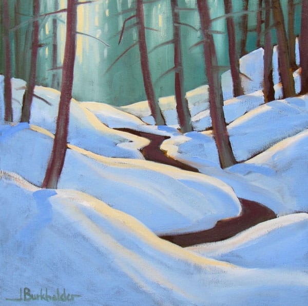 Starting the Melt, 14x14. A beautiful day for painting...and the snow melt just starting.