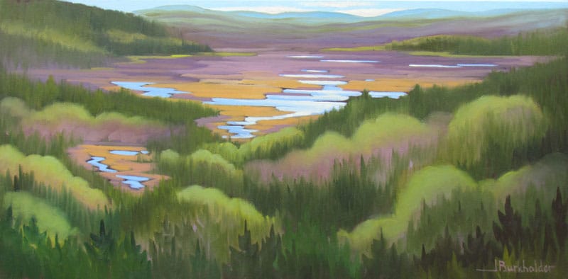 Spring Greens, 15x30. Painted on location at a spectacular cabin overlooking Conroy Marsh, early spring. A myriad of greens!