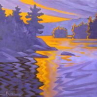 Galeairy Light, 14x14. Painted on location in Algonquin Park at the end of a wonderful day of boating. I just got the colours down, then finished in the studio.